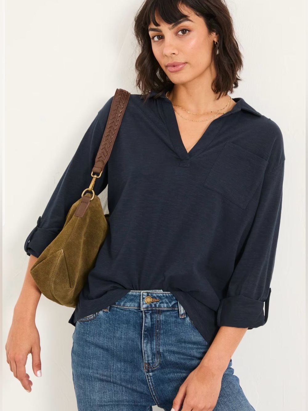 FatFace Paige Navy Blue Slub Jersey V-Neck Polo Roll-Sleeve Shirt Top US 6